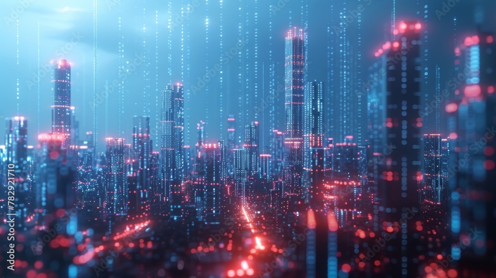 Aufkleber Digital skyline with a binary code particles network. Technology and connection concept. Architecture background with particle skyscrapers. Abstract hologram 3D city rendering with futuristic matrix.