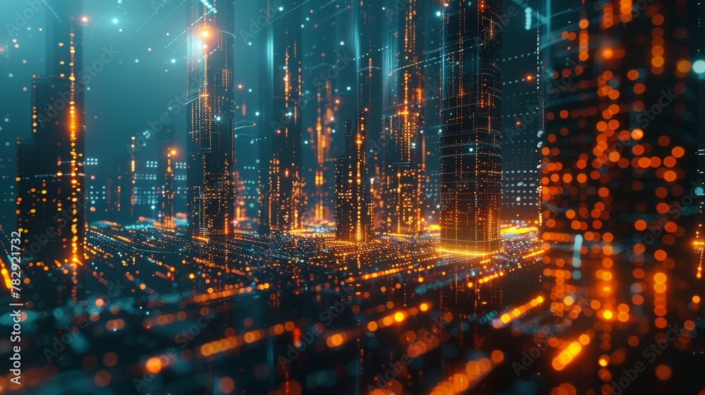 Poster 3D abstract hologram rendering of a futuristic city with a binary code particles network. A technological and connection concept. An architectural background with particles.
