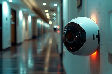 Fototapeten AI generated illustration of indoor security camera fixed on wall outside building © Wirestock