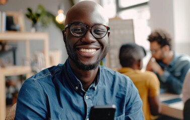 Young bald black man wearing glasses and smileing in a modern office.