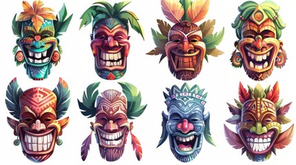 Cartoon modern illustration set of colorful tribal traditional wooden totems depicting deities of Hawaiian and Polynesian culture.