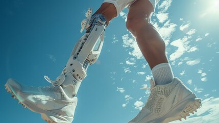 Futuristic robotic prosthetic leg against sky - obrazy, fototapety, plakaty