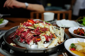 Closeup shot of Asian food called Bulgogi served in a restaurant