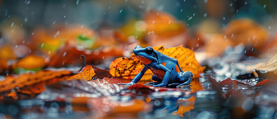A photo of a colorful poison dart frog, with fallen leaves as the background, during a humid evening  - obrazy, fototapety, plakaty