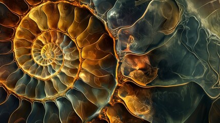ammonite shell fractal spiral background. - obrazy, fototapety, plakaty
