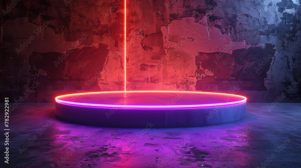 Aufkleber Three-dimensional rendering of a blank product stand with neon lights in a dark room.