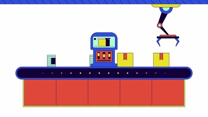 Factory assembly line boxes line cartoon animation. Packaging robotic arms 4K video motion graphic. Canned food manufacturing automation 2D linear animated scene isolated on white background