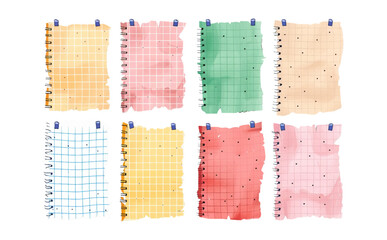 Assorted Watercolor Notebook empty pages set, checkered pages scrapbooking elements. 