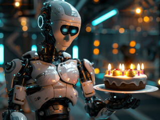 front view of an AI robot holding a birthday cake in hand
