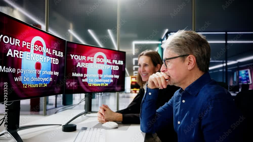 Poster ransomware malware attack. business computer hacked