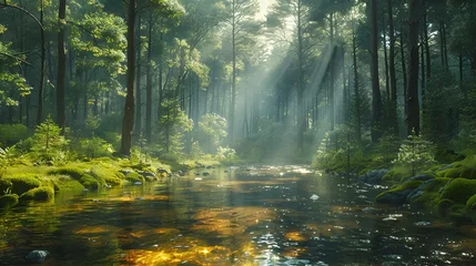 Deurstickers the sun is rising out through a forest with water running through © Wirestock