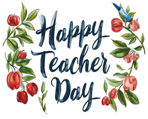 Happy Teachers Day concept, Happy Teacher Day lettering with red fruit and green leaf