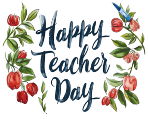 Happy Teachers Day concept, Happy Teacher Day lettering with red fruit and green leaf