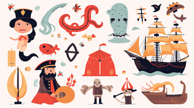 Different pirate elements for kids flat vector illu