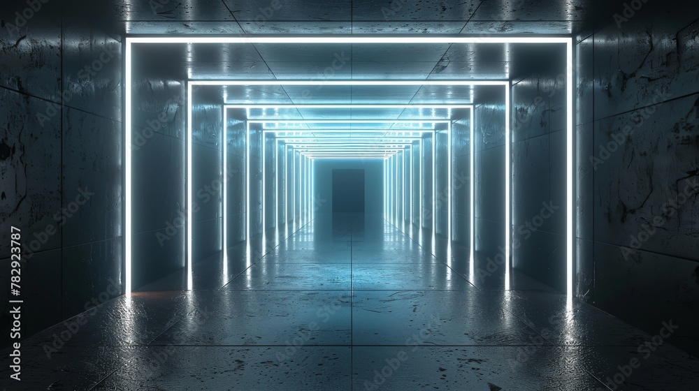 Poster stylish futuristic dark room with neon light tubes and white color in the middle, 3d rendering illus