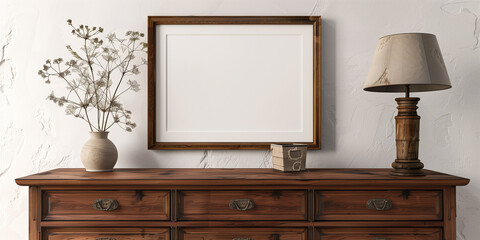 Mockup frame on a wooden chest of drawers in the living room.3d render.
