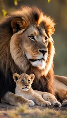 AI generated illustration of a lion with its cub in a field