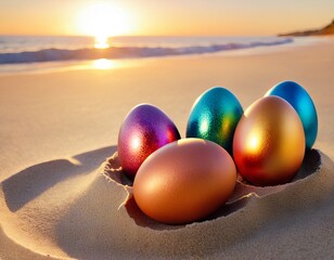 AI generated illustration of colorful Easter eggs in sand on the beach at sunset