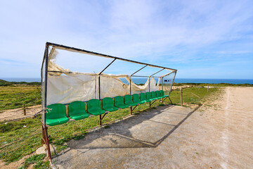 remote soccer sports field at the portuguese atlantic coast near Cabo Raso, Vicentina coast, Algarve,, Portugal - 782924347