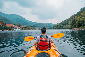kayak sur le lac d'Aiguebelette, Savoie. Beautiful simple AI generated image in 4K, unique. - obrazy, fototapety, plakaty