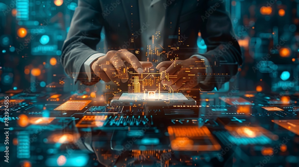Poster A businessman connects tech devices and icon applications 3D rendering