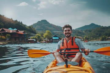 Attractive teenage boy kayaking on the lake. Beautiful simple AI generated image in 4K, unique.
