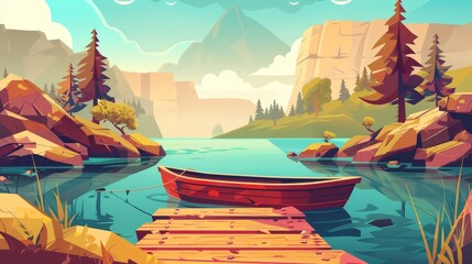 Cartoon modern landscape of water pond near stone hills, trees and firs on shore, wood-made bridge near wooden boat docked at an old pier on lake or river near rocky mountains. - obrazy, fototapety, plakaty