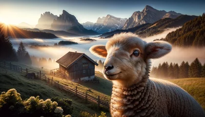 Fotobehang AI generated illustration of a sheep grazing on a hillside near a farm © Wirestock