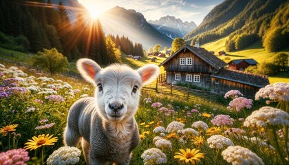 AI generated illustration of a sheep grazing in a flowery meadow
