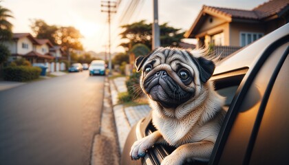 AI generated illustration of a pug enjoying a car ride with its head out the window - obrazy, fototapety, plakaty