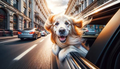 Schilderijen op glas AI generated illustration of a golden retriever enjoying a car ride with its head out the window © Wirestock