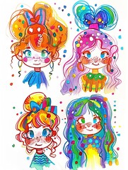 Whimsical girls: Colorful childish drawings full of joy