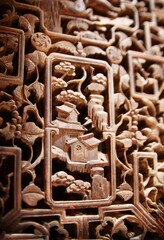 Closeup of the wood engravings, a vertical shot