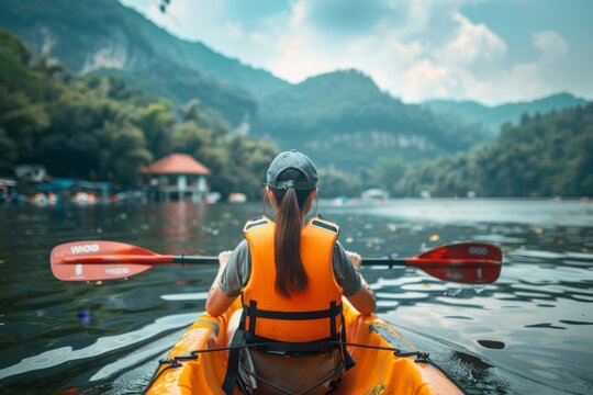 mom and daughter on a kayak on lake in France. Beautiful simple AI generated image in 4K, unique.