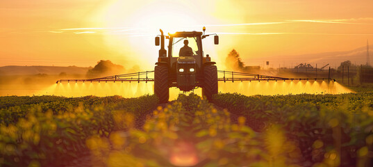 Tractor Spraying Pesticides on the farm at sunrise