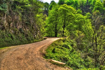 Beautiful shot of a dirt road in mountains in Lahijan, Iran