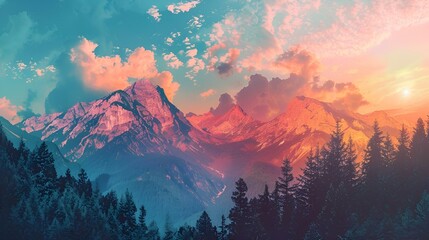 AI generated illustration of a scenic sunset view of mountain range with snow and clouds - obrazy, fototapety, plakaty