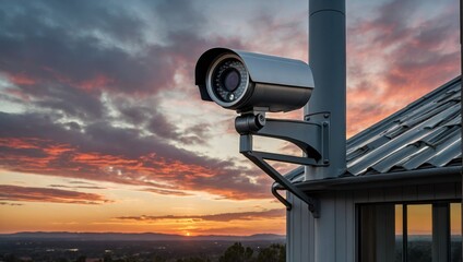AI generated illustration of an outdoor surveillance camera on a building at sunset