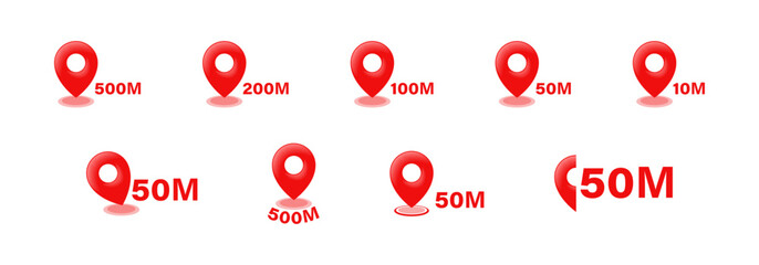 Location distance vector icon set. Map pin collection. Locator radius pointers.