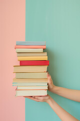 
Close Up of woman's hand holding stack with books in pastel blue and pink color background, space for text, copy space. Book club, literature, library, bookstore, fiction, reading