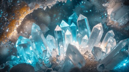 Illuminated crystals in a mystical cave setting - obrazy, fototapety, plakaty