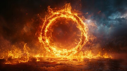 The ring of fire flames is surrounded by a fiery frame. - obrazy, fototapety, plakaty