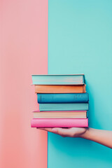 
Close Up of woman's hand holding stack with books in pastel blue and pink color background, space for text, copy space. Book club, literature, library, bookstore, fiction, reading