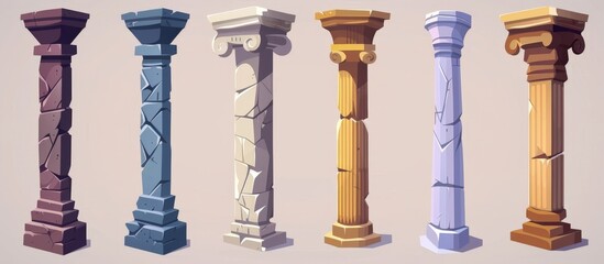 Set of four differently colored columns featuring intricately carved designs