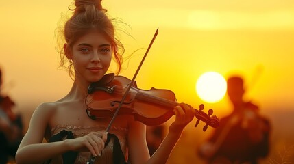 epic orchestra against the background of the setting sun, in the foreground a beautiful woman...