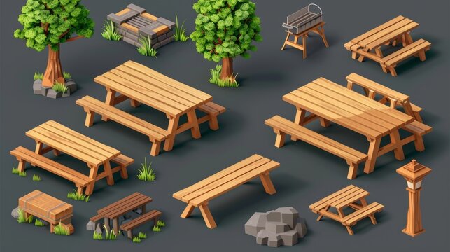 This is a 3D isometric picnic table with wooden bench garden outdoor furniture. This is a realistic outdoor street long seat and desk render for a barbecue dinner in summer.