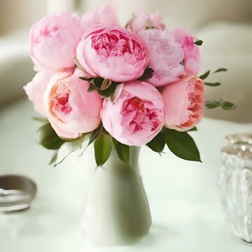 AI generated illustration of pink flowers in white vase on table with two empty cups