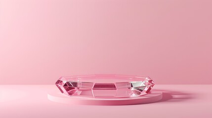 In this modern realistic illustration, a 3D pentagon glass platform is set on a light pink wall background. This can be used as an exhibitor's stand, a product presentation stand, or for advertising.