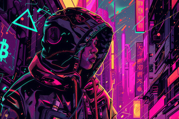 An illustration capturing the clash between crypto coins and conventional currency in a cyberpunk-themed design, featuring a vivid palette and microdot matrix details.
