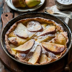 A simple yet elegant pear clafoutis, dusted with powdered sugar, in a round baking dish. 